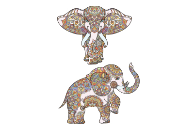 Silhouette of coloring african elephant and mandalas decoration on it