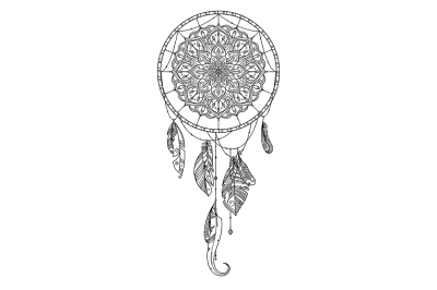 Hand drawn dreamcatcher with feather of birds