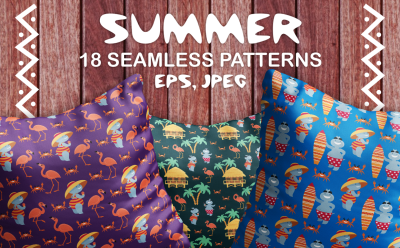 Summer. Amusing hippopotamuses and flamingo. Seamless patterns.