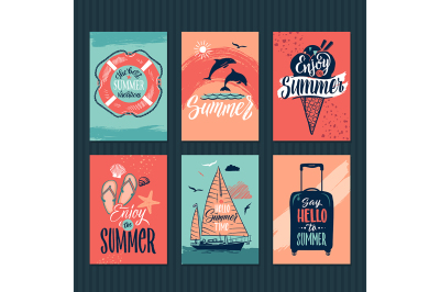 Summer, tropical postcards or retro posters with hand drawn letters