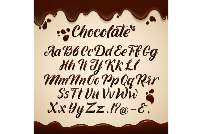  Latin alphabet in liquid style. Hand writing brown chocolate letters