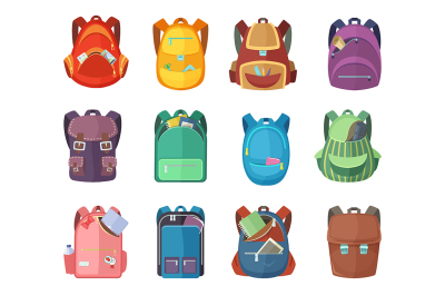 Different schoolbags in cartoon style isolate on white background