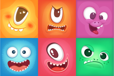 Monster cartoon faces. Demon smiles and big crazy mouth