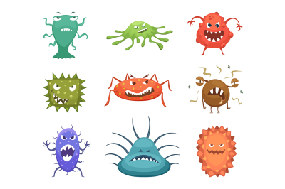 Different cartoon viruses mascots and flu microbes