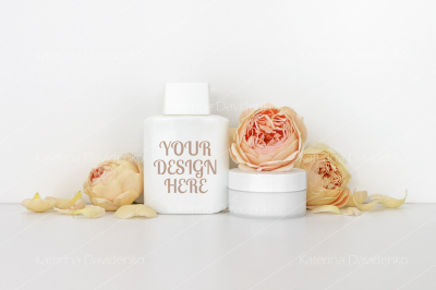 Cosmetics mockup with roses, bottle contain
