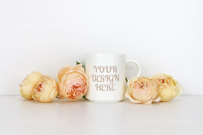 White coffee mug mockup with roses. Blank mug mock up for design