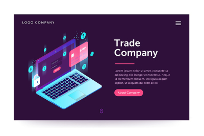 Trade company illustration. Web banner with laptop and currency. 