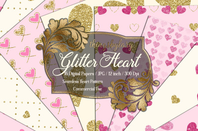16 gold glitter and pink heart pattern digital papers
