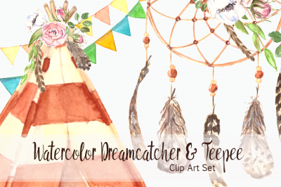 Watercolor Dreamcatcher & Teepee Clip Art Set