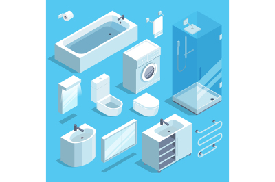 Isometric furniture elements set of bathroom interior