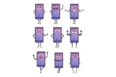  Funny cartoon character. Smiling smartphone with different emotions