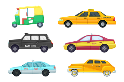  Taxi cars in different cities. Transport for fast traveling