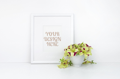 vertical frame mockup, flowers on cup, white background