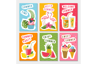  Vector summer party labels set with different tropical illustrations