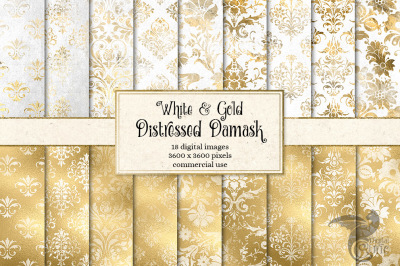 White and Gold Distressed Damask