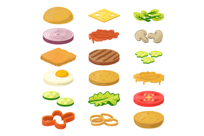  Vector illustration of different burgers ingredients in cartoon style