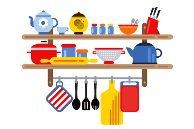  Cooking and restaurant equipment on kitchen shelves