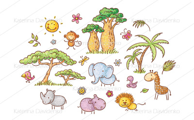 Set of cartoon exotic African animals and plants