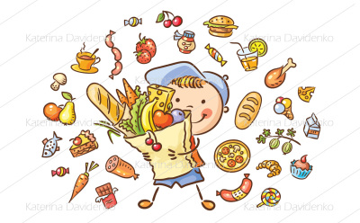 Child with a big bag full of food and isolated food set