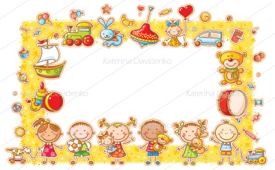 Rectangular frame with cartoon kids, toys and sweets