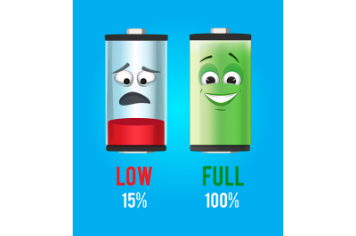  Concept illustration. Batteries characters with full and low charge