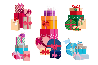  Array of gifts in different colorful packages with ribbons