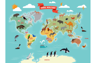 Illustration of wildlife animals on the world map