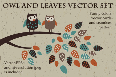 Owl and leaves funny vector set