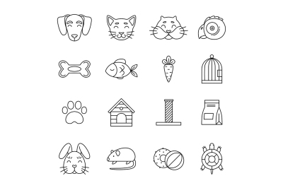 Linear icon set of domestic pets and his tools