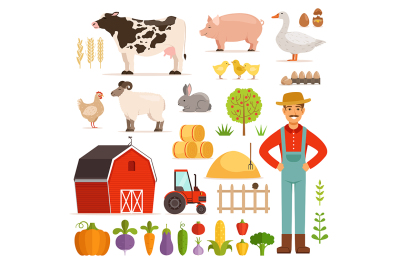 Different farm elements. Vegetables&2C; transport and domestic animals