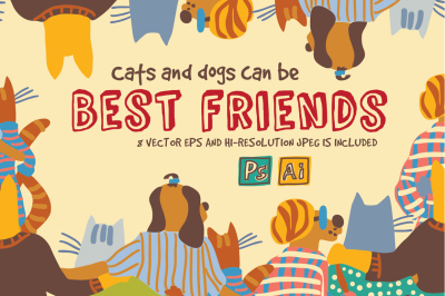 Cats and dogs friendship vector set