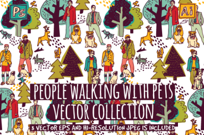 People walking with pets. Vector set