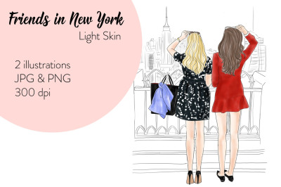 Watercolor Fashion Clipart - Friends in New York - Light Skin