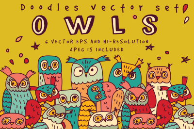 Owls doodles vector set