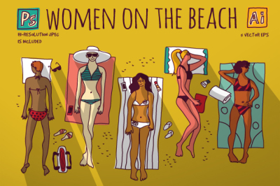 Women on the beach. Vector set