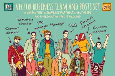 Vector business team and posts set
