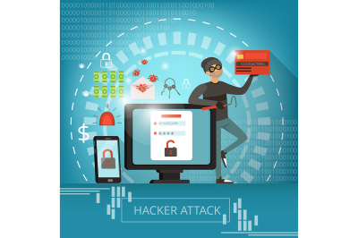 Concept illustration of computer crime and hacker mascot