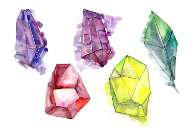 Colorful crystals PNG watercolor set