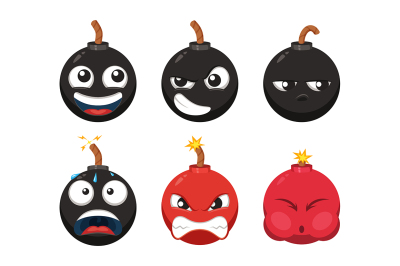 Cartoon character of funny bomb with different emotions