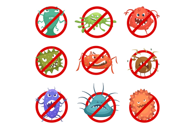 Red round signs with different bacteria and germs