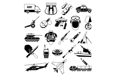  War monochrome icons set. Silhouette of military pictures