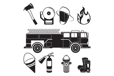 Monochrome illustrations of fireman tools in fire station department