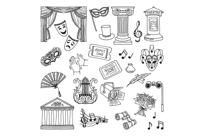 Doodle illustration set of theatre symbols