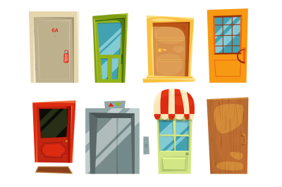 Decorative doorway and different retro doors in cartoon style