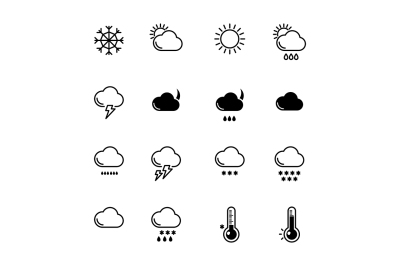  Mono line icons set. Weather symbols