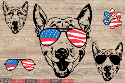 Bull Terrier Dog USA Flag Glasses Paw Silhouette SVG 4th July 863S 