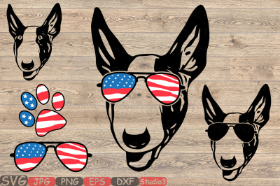 Bull Terrier Dog USA Flag Glasses Paw Silhouette SVG 4th July 862S 
