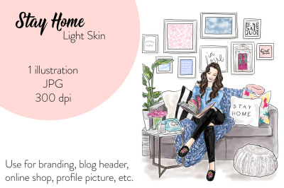 Watercolor Fashion Clipart - Stay home - Light Skin