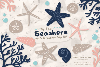 Seashore Shells & Coral Clipart in Navy & Blush