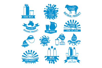 Set of milk labels. Vector illustrations of different splashes